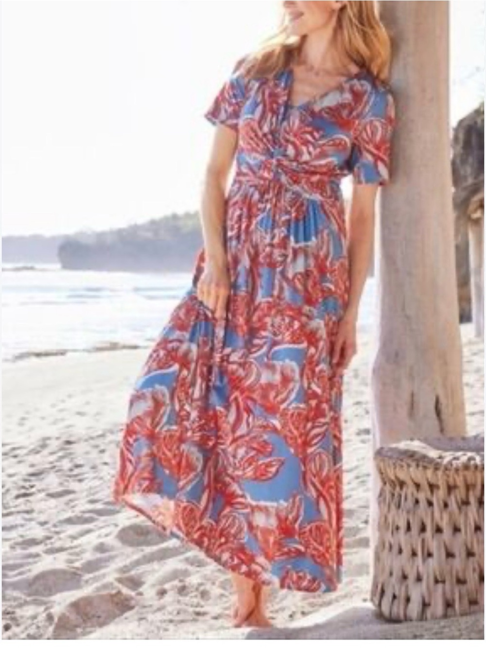 Soft Surroundings Twist-Front Maxi Dress in Red Floral Colorful Feminine Cotton